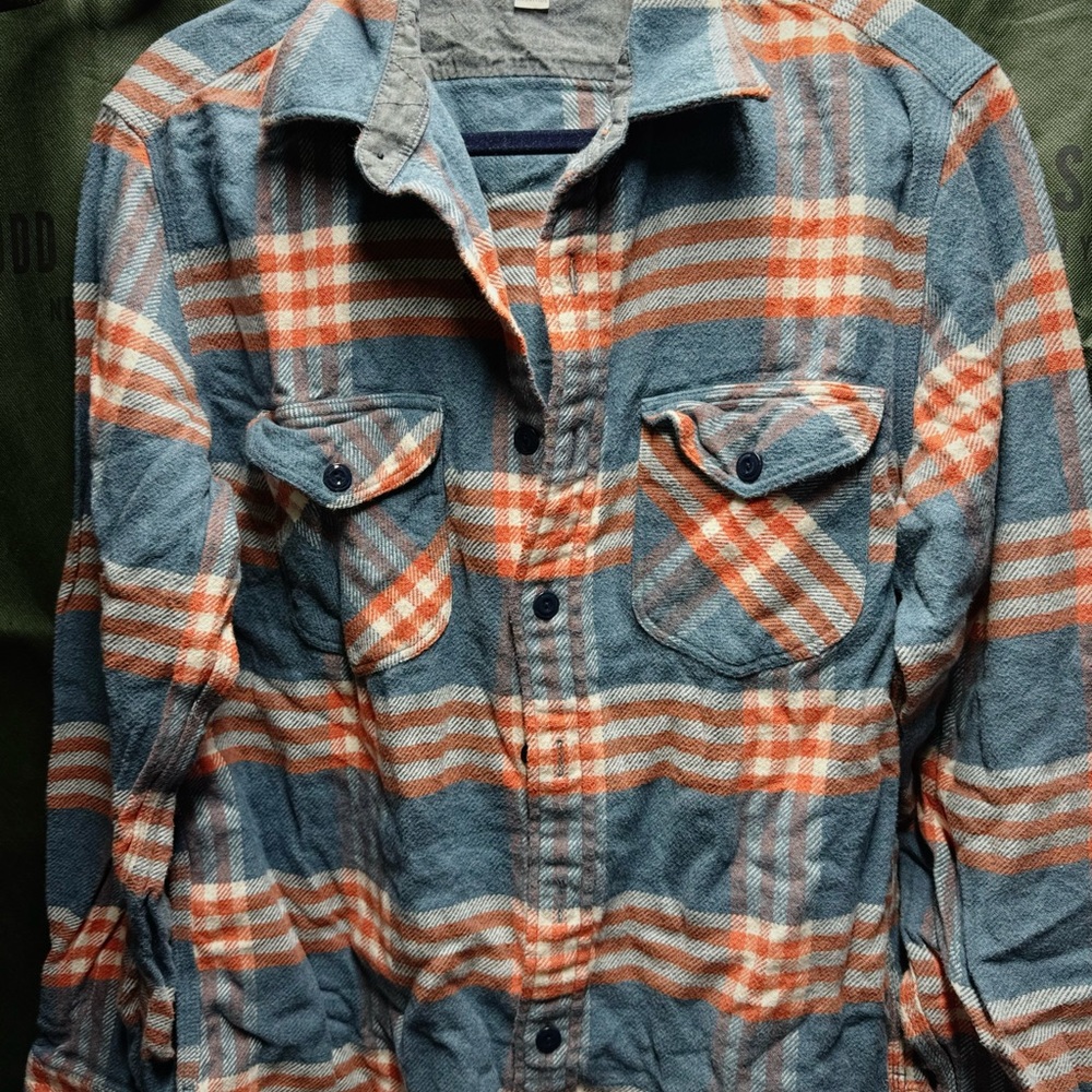 Men's Blue and Orange Plaid Shirt